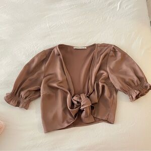 Brown Satin Front Tie Top